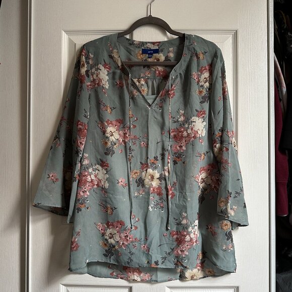 Apt 9 Women's Large Sheer Gray Floral Bell Sleeve Tie Neck Blouse + Camisole - Picture 1 of 9